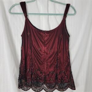 VINTAGE Crimson Beaded Embellished Satin Top, Sz S / M